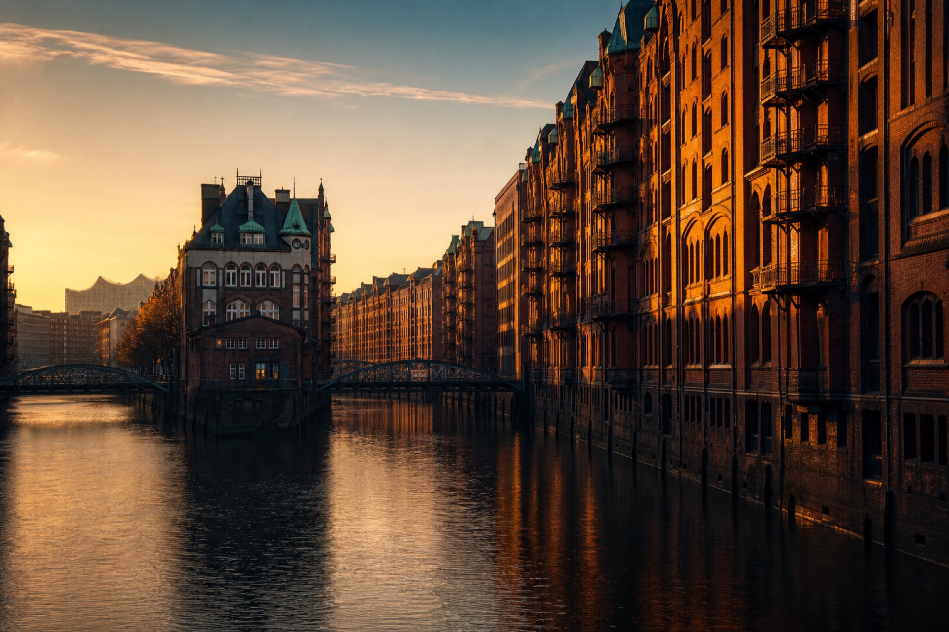 Speicherstadt warehouse district in Hamburg at golden hour, reflected in the canal